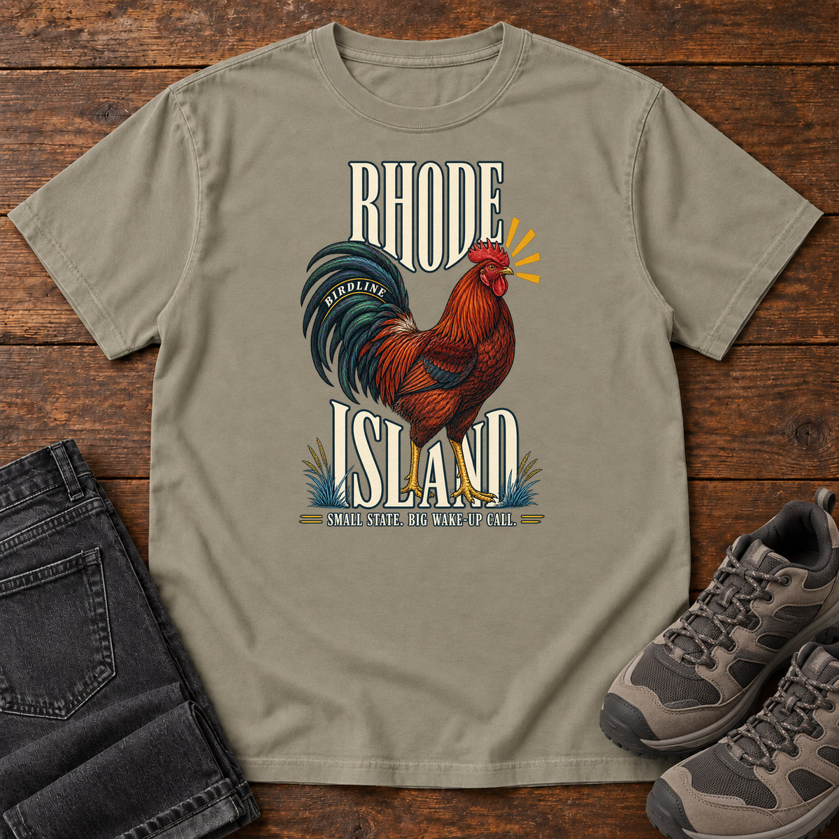 Rhode Island Small State Big Wake Up Call Rooster T-Shirt in Sandstone