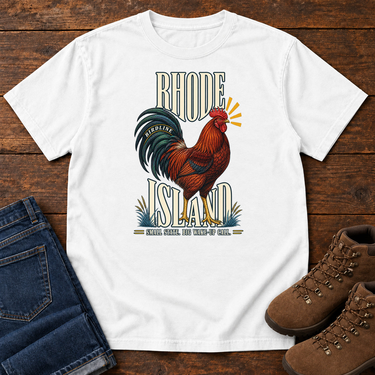 Rhode Island Small State Big Wake Up Call Rooster T-Shirt in White