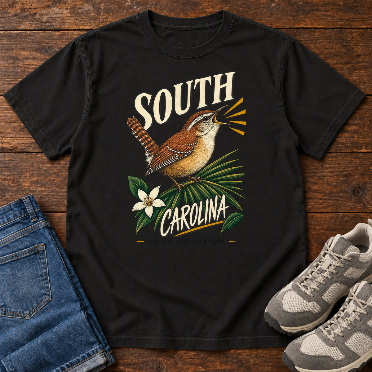 South Carolina State Bird Front Porch Volume Wren T-Shirt in Black, front view