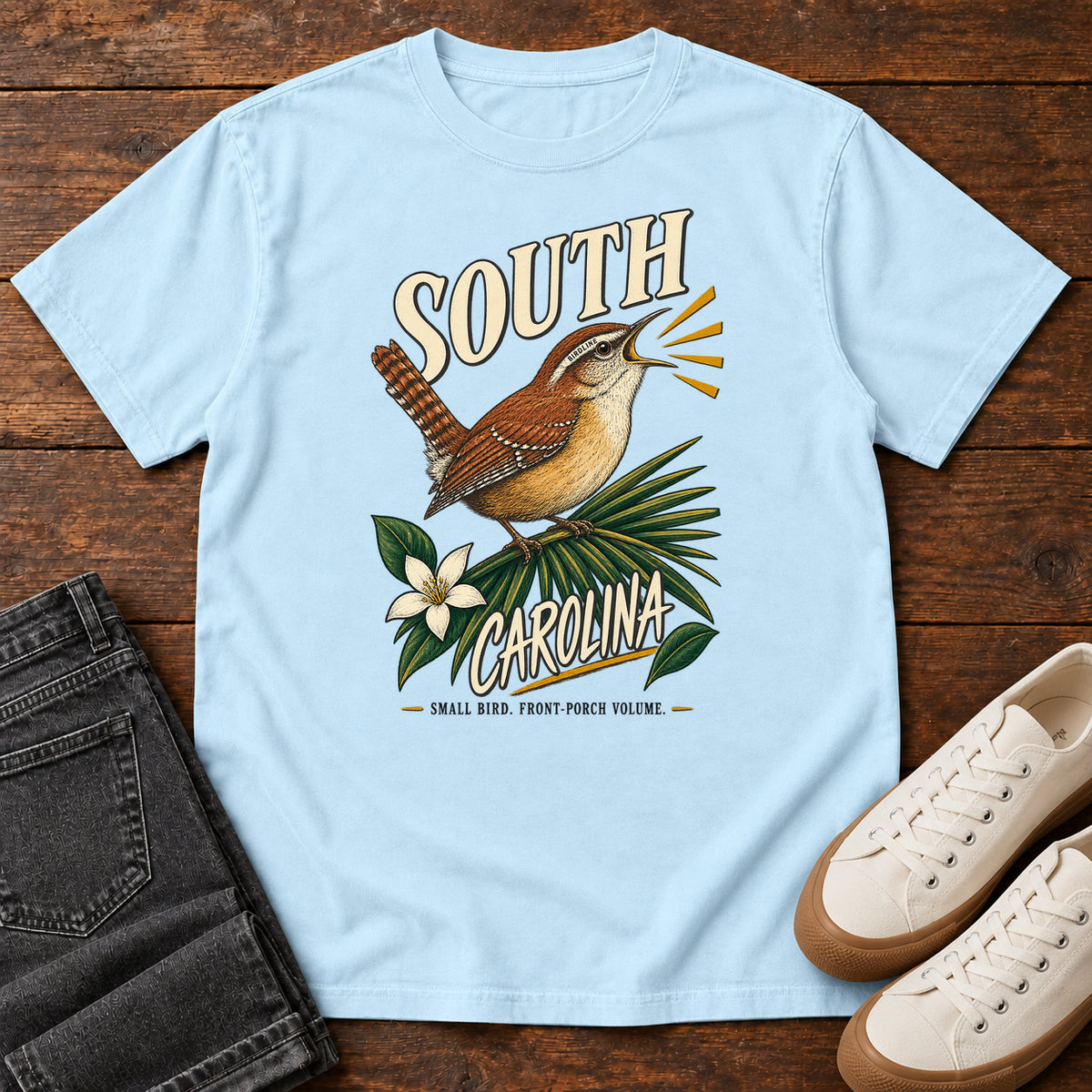 South Carolina State Bird Front Porch Volume Wren T-Shirt in Chambray, front view