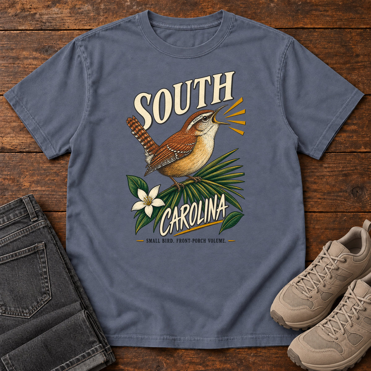 South Carolina State Bird Front Porch Volume Wren T-Shirt in Denim, front view
