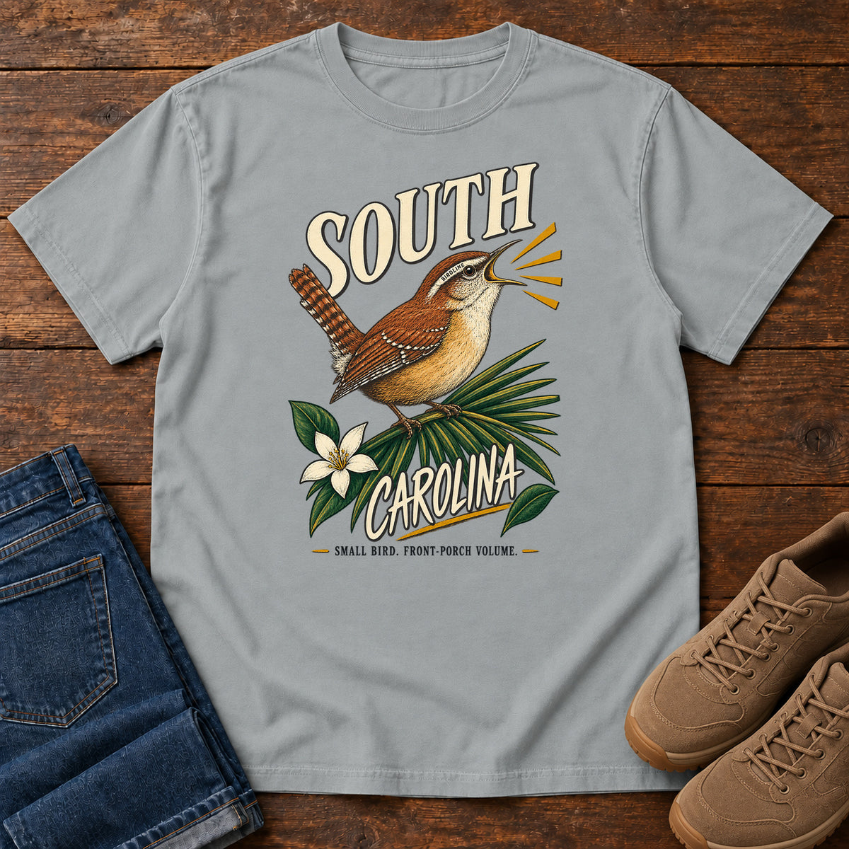 South Carolina State Bird Front Porch Volume Wren T-Shirt in Granite, front view