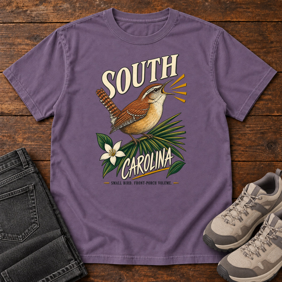 South Carolina State Bird Front Porch Volume Wren T-Shirt in Grape, front view