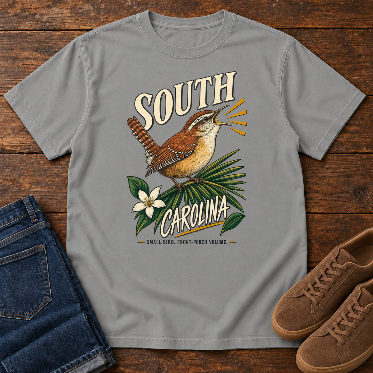 South Carolina State Bird Front Porch Volume Wren T-Shirt in Grey, front view