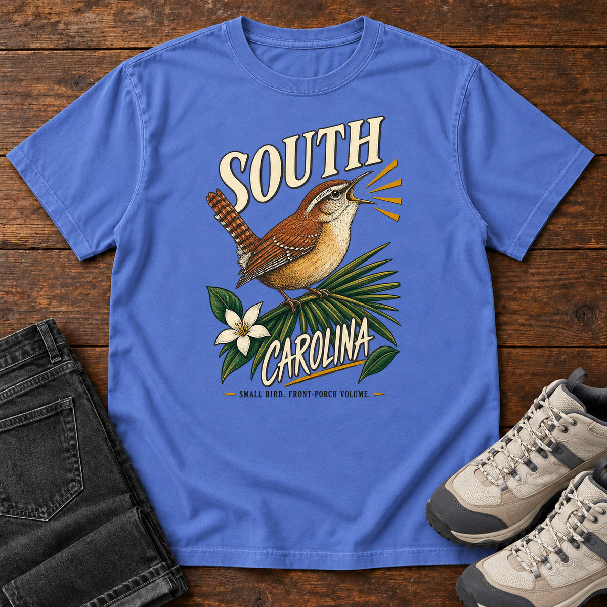 South Carolina State Bird Front Porch Volume Wren T-Shirt in Mystic Blue, front view