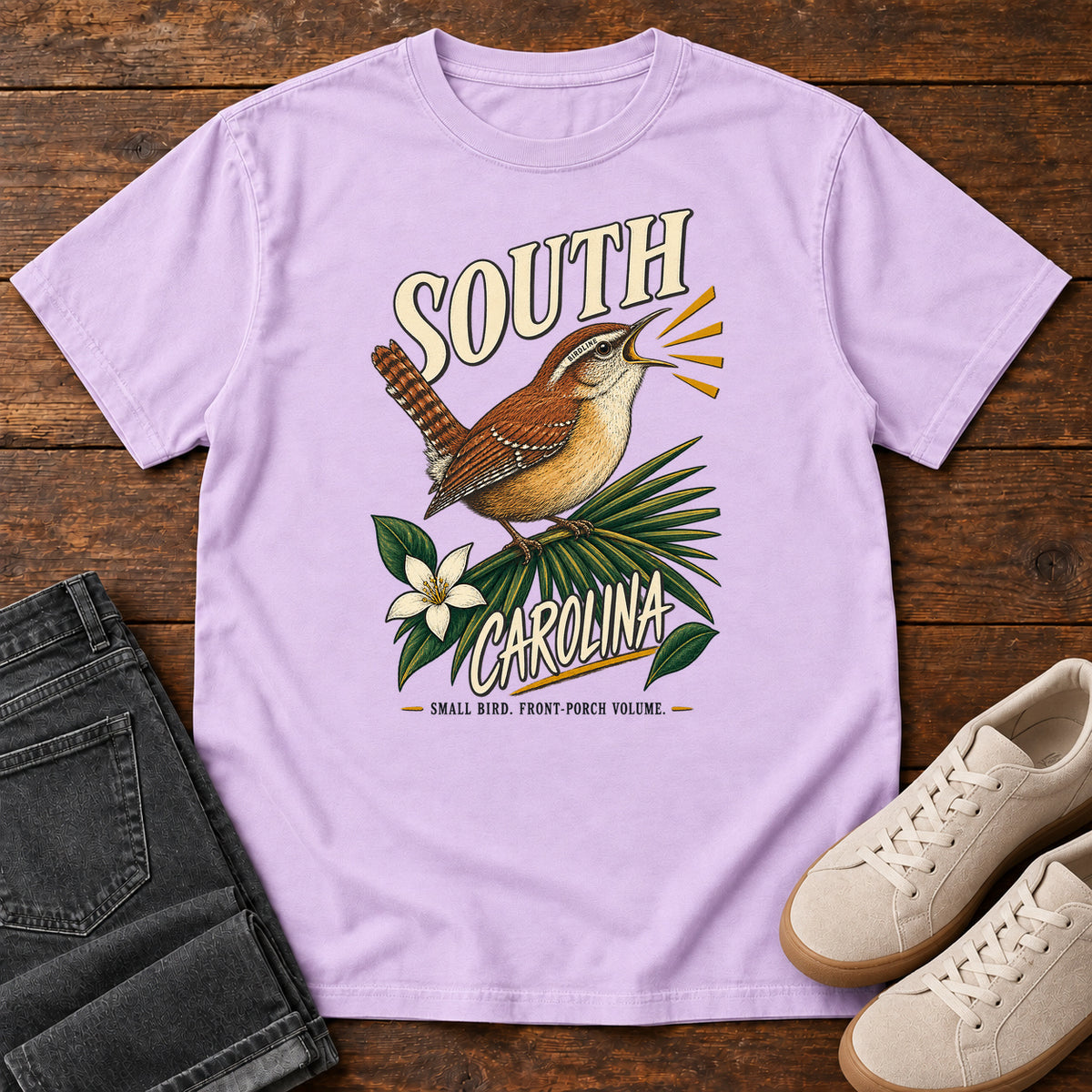 South Carolina State Bird Front Porch Volume Wren T-Shirt in Orchid, front view