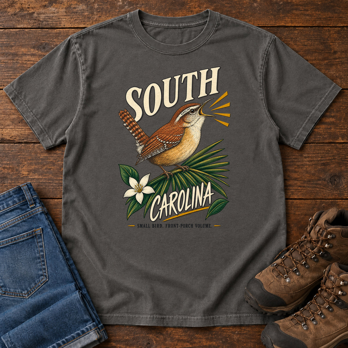 South Carolina State Bird Front Porch Volume Wren T-Shirt in Pepper, front view