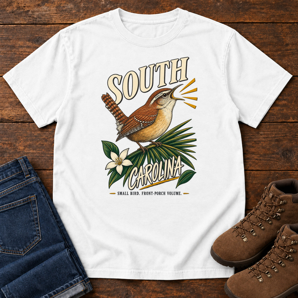 South Carolina State Bird Front Porch Volume Wren T-Shirt in White, front view