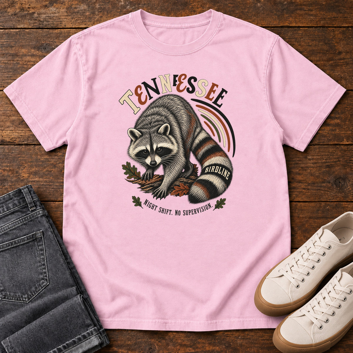 Tennessee Night Shift No Supervisor Raccoon T-Shirt in Blossom