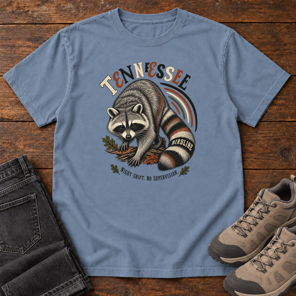 Tennessee Night Shift No Supervisor Raccoon T-Shirt in Blue Jean