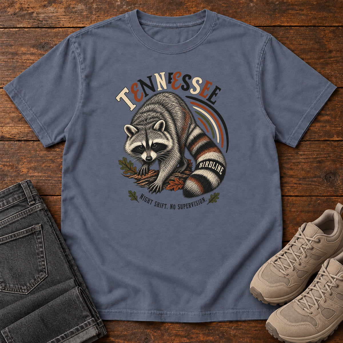 Tennessee Night Shift No Supervisor Raccoon T-Shirt in Denim