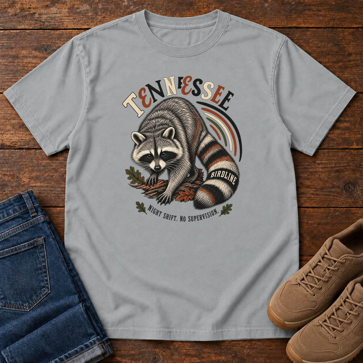 Tennessee Night Shift No Supervisor Raccoon T-Shirt in Granite