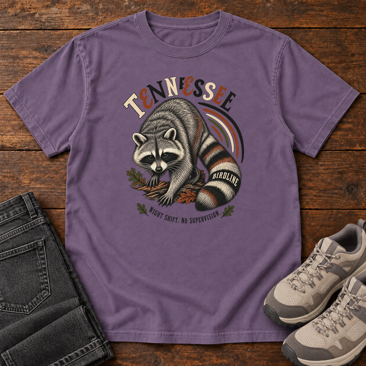 Tennessee Night Shift No Supervisor Raccoon T-Shirt in Grape