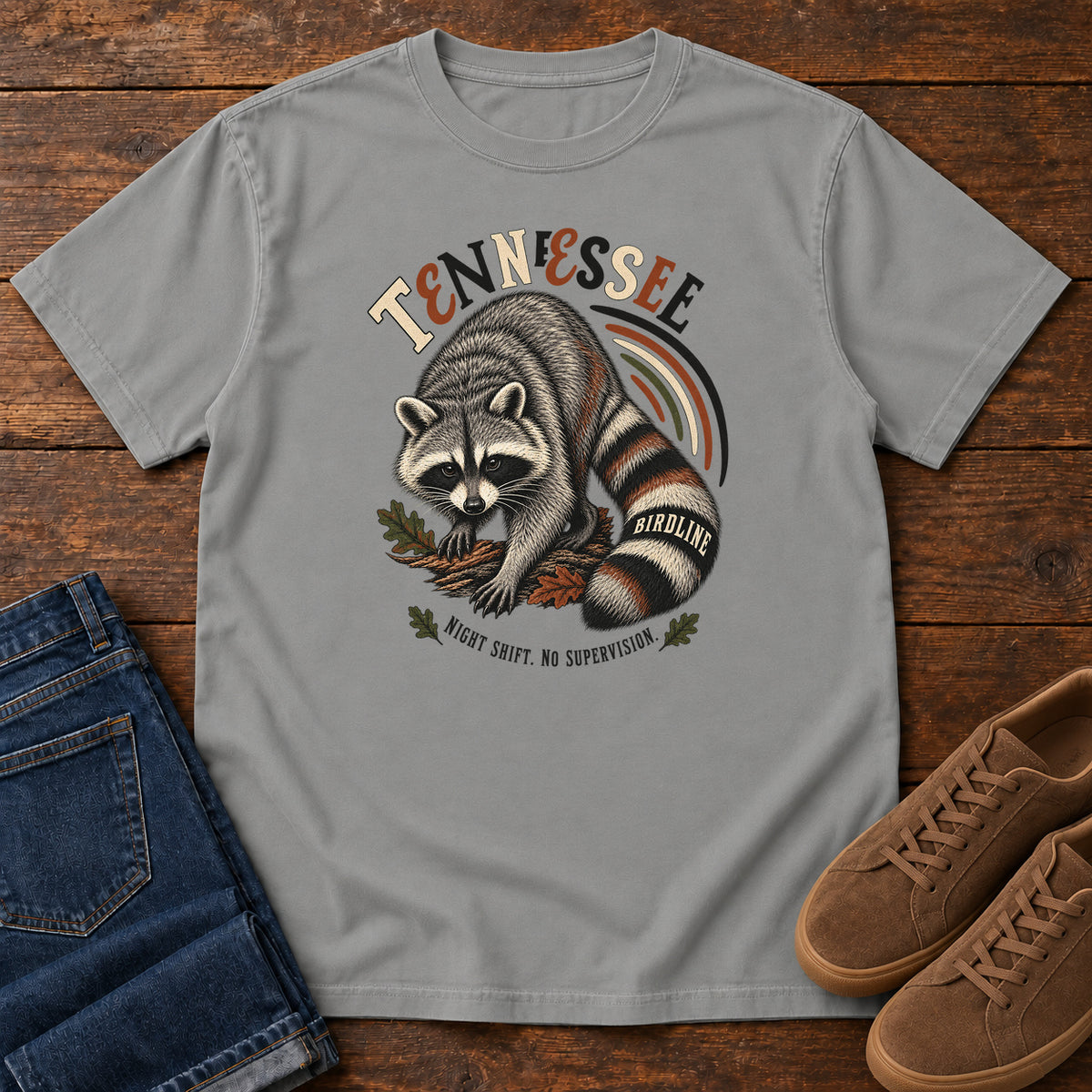 Tennessee Night Shift No Supervisor Raccoon T-Shirt in Grey