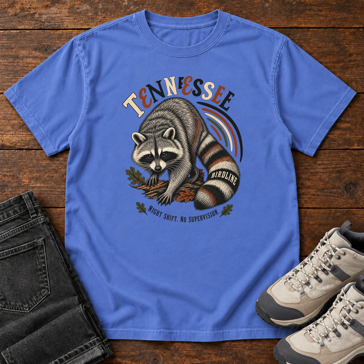 Tennessee Night Shift No Supervisor Raccoon T-Shirt in Mystic Blue