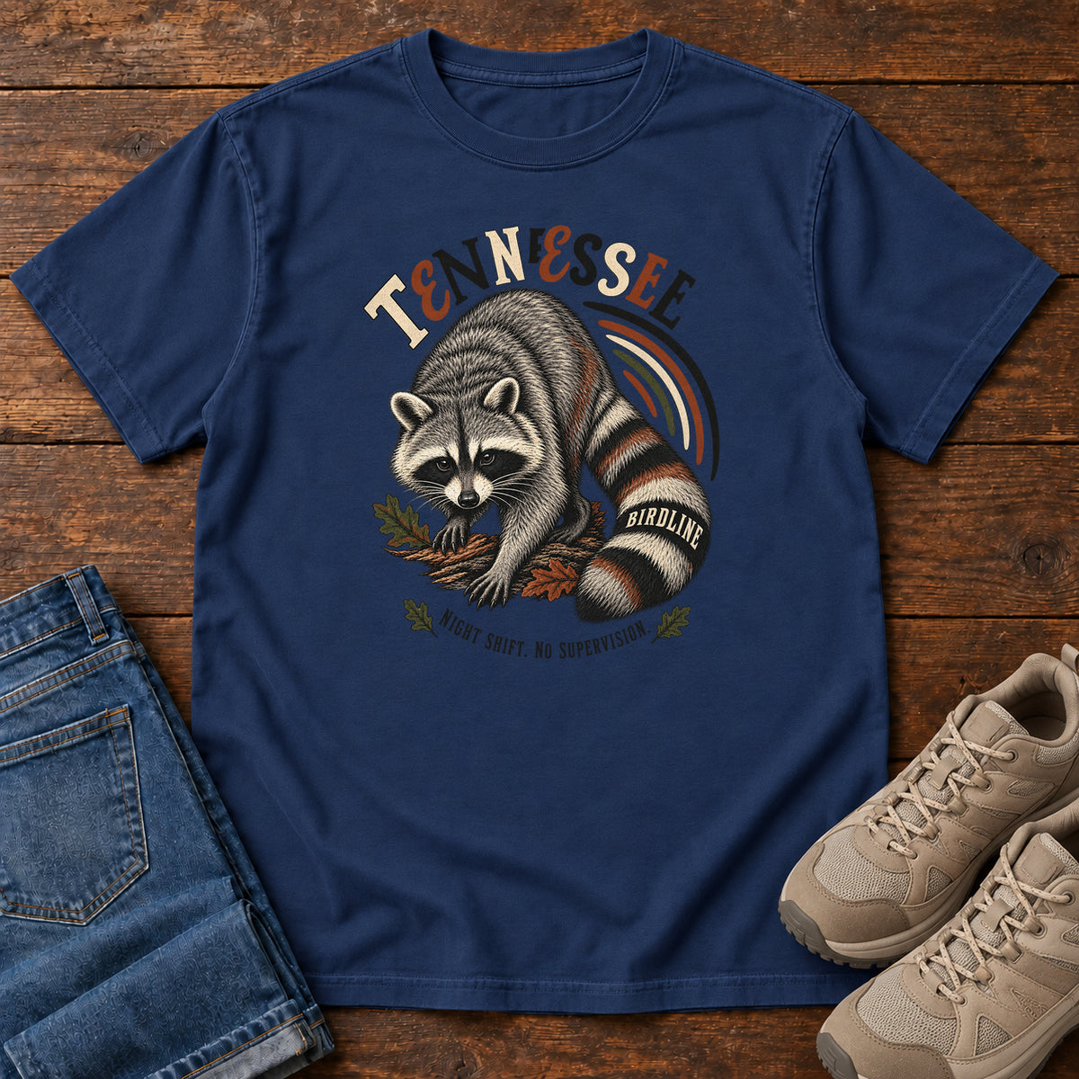 Tennessee Night Shift No Supervisor Raccoon T-Shirt in True Navy