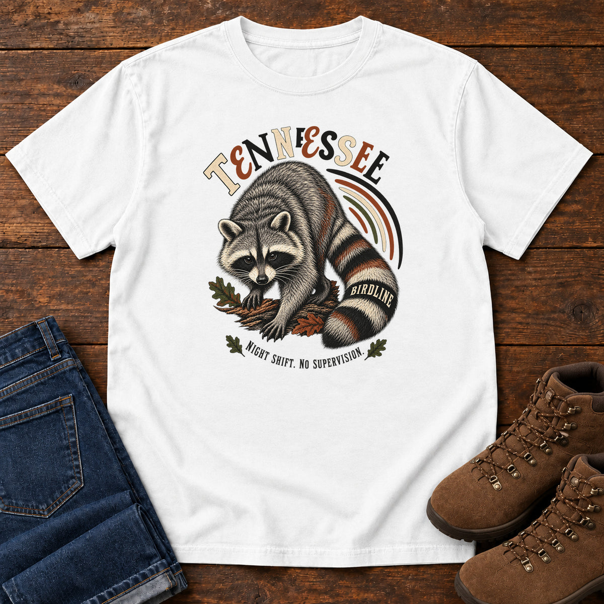 Tennessee Night Shift No Supervisor Raccoon T-Shirt in White