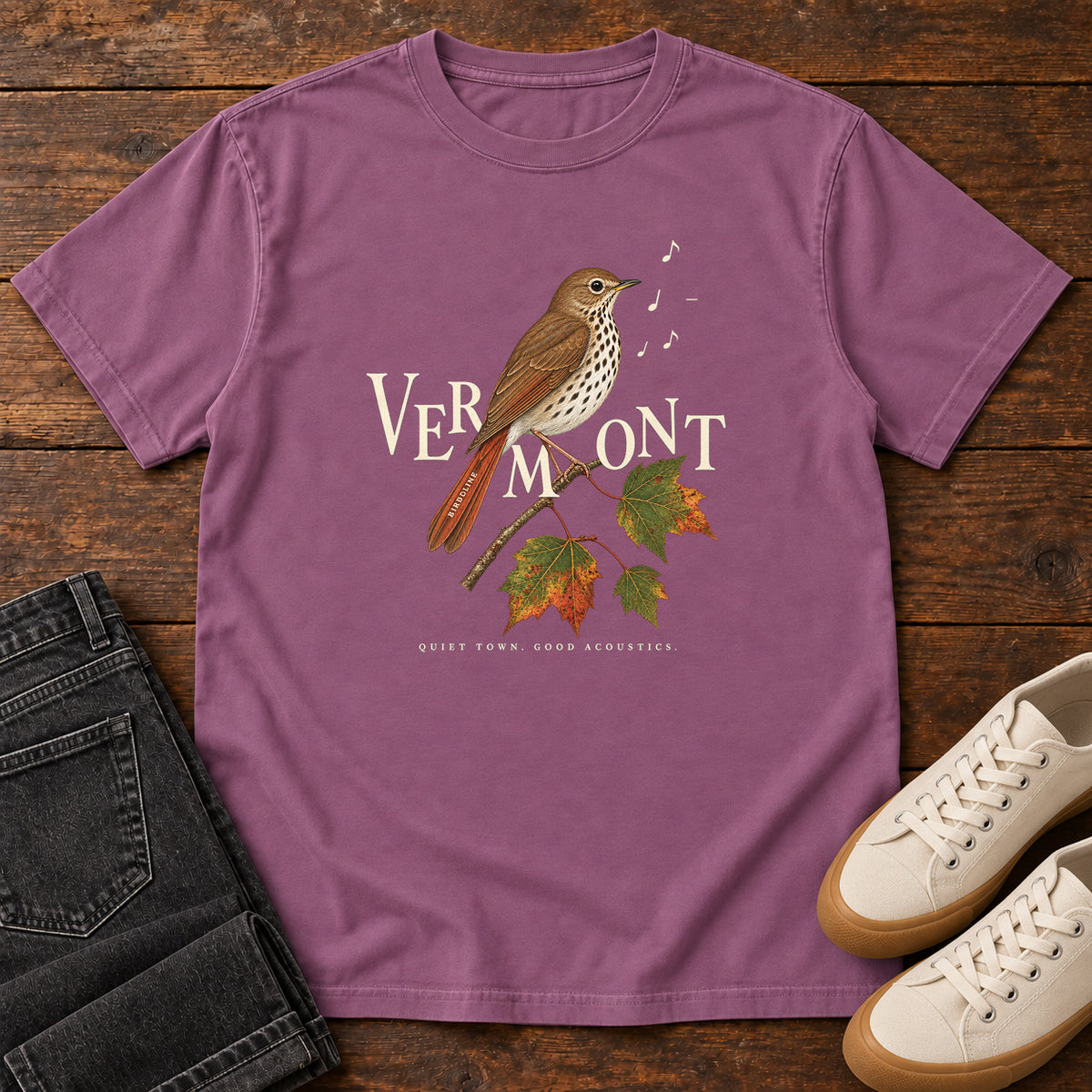 Vermont Quiet Town Good Acoustics Thrush T-Shirt in Berry