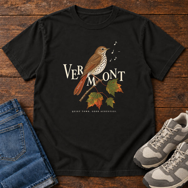 Vermont Quiet Town Good Acoustics Thrush T-Shirt in Black, front view