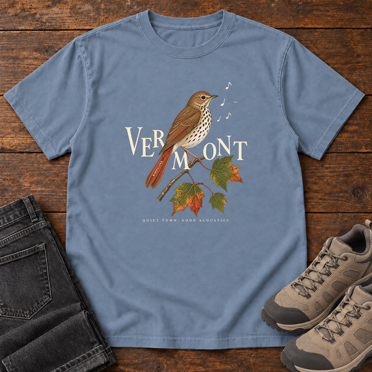 Vermont Quiet Town Good Acoustics Thrush T-Shirt in Blue Jean