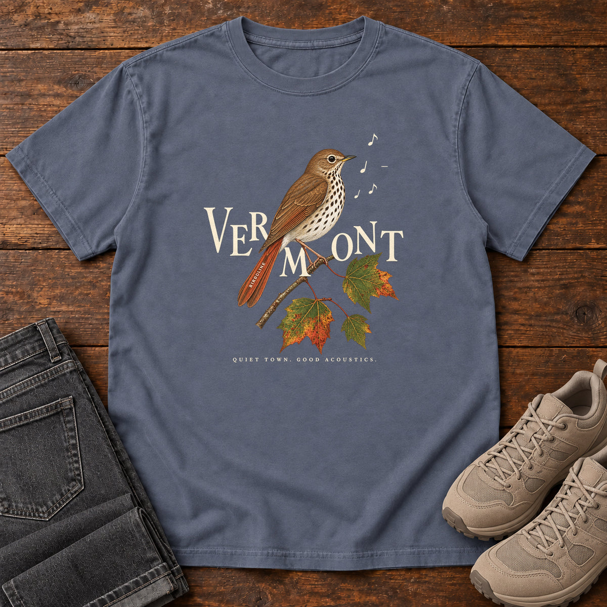Vermont Quiet Town Good Acoustics Thrush T-Shirt in Denim