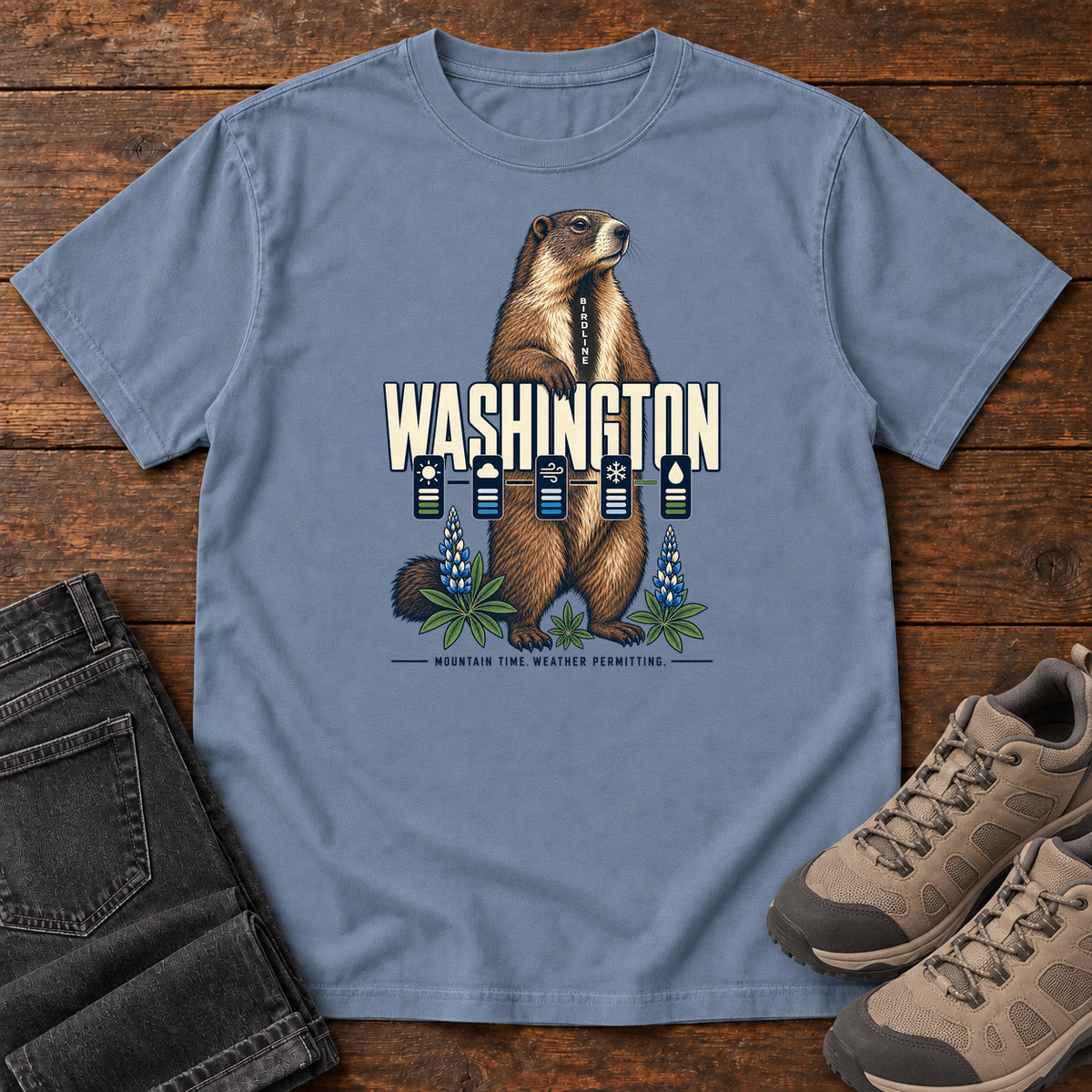 Washington Mountain Time Weather Permitting Marmot T-Shirt in Blue Jean