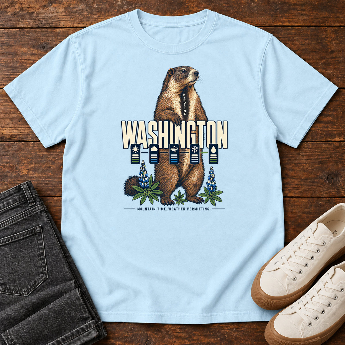 Washington Mountain Time Weather Permitting Marmot T-Shirt in Chambray