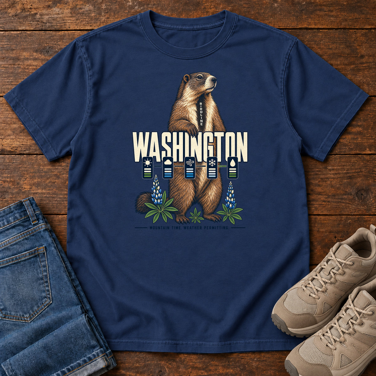 Washington Mountain Time Weather Permitting Marmot T-Shirt in True Navy