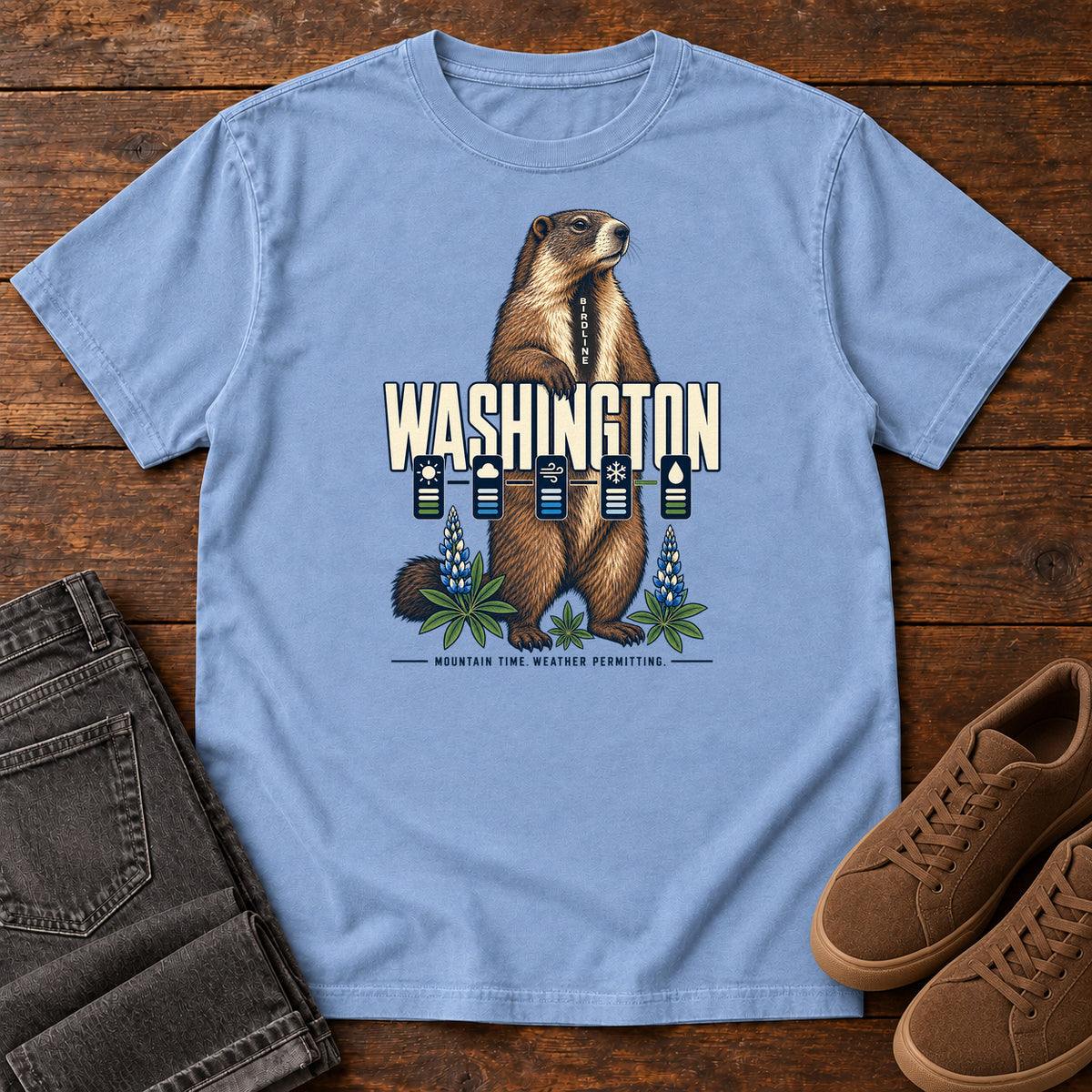 Washington Mountain Time Weather Permitting Marmot T-Shirt in Washed Denim