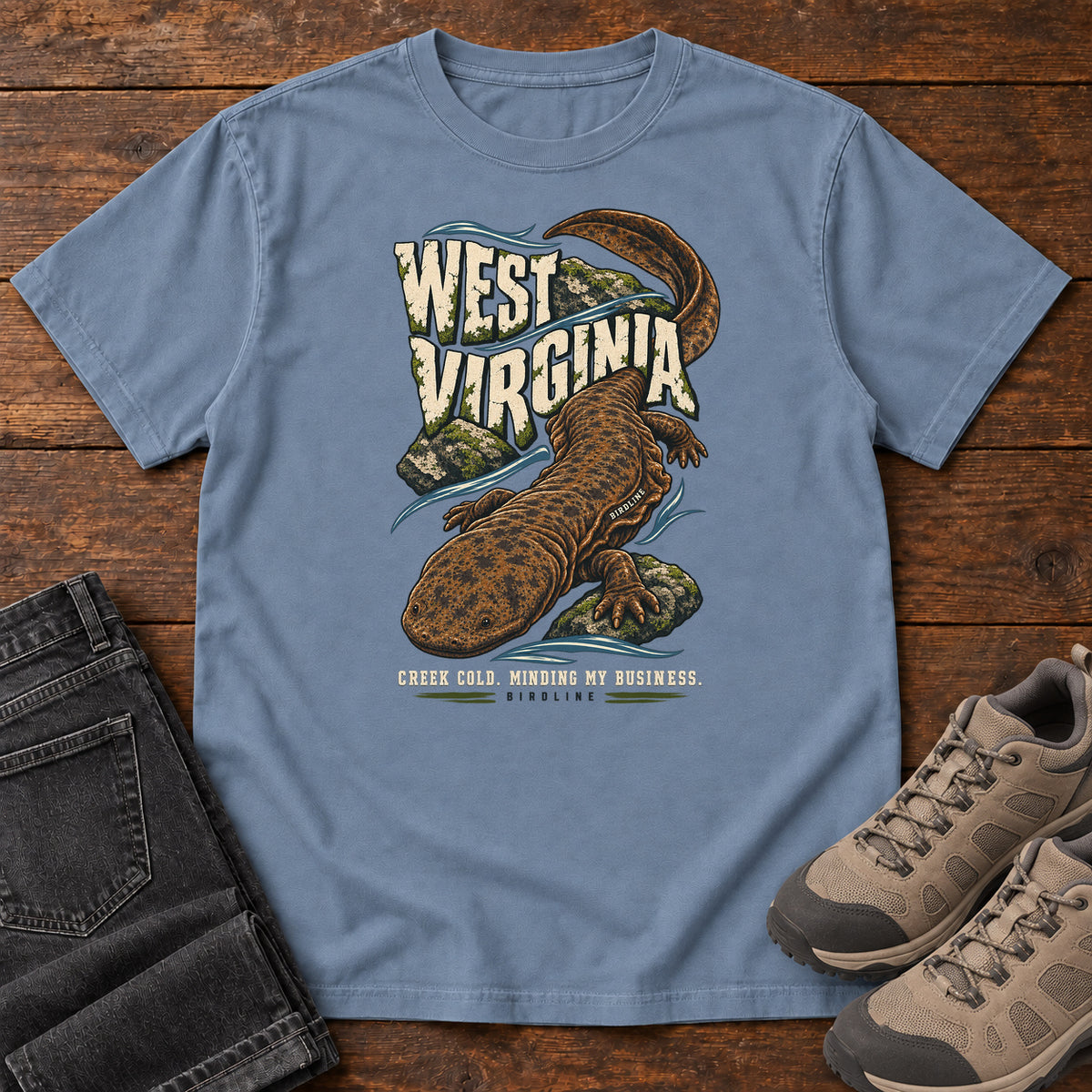 West Virginia Creek Cold Minding My Business Hellbender T-Shirt in Blue Jean