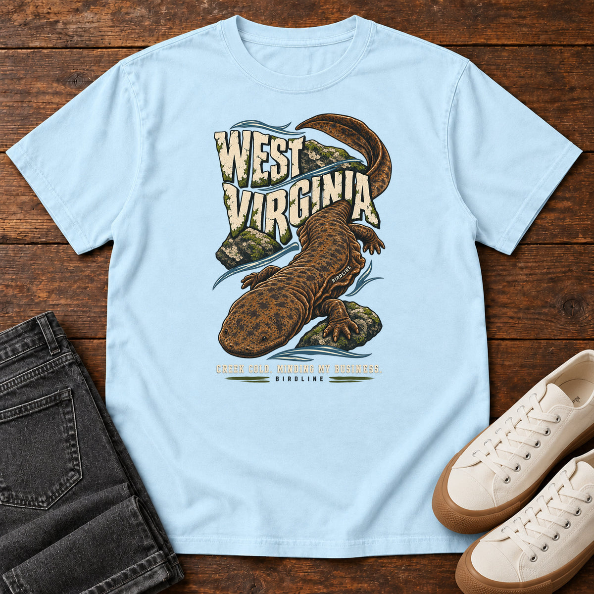 West Virginia Creek Cold Minding My Business Hellbender T-Shirt in Chambray