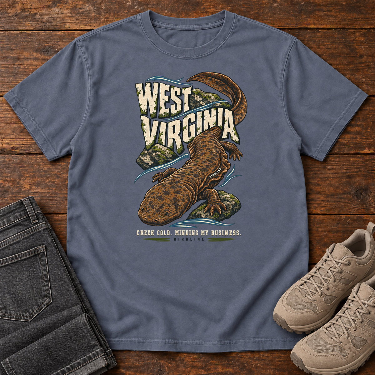 West Virginia Creek Cold Minding My Business Hellbender T-Shirt in Denim