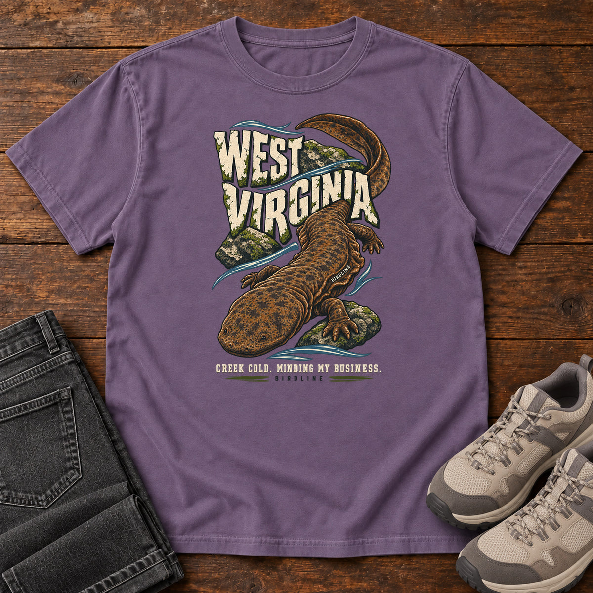 West Virginia Creek Cold Minding My Business Hellbender T-Shirt in Grape