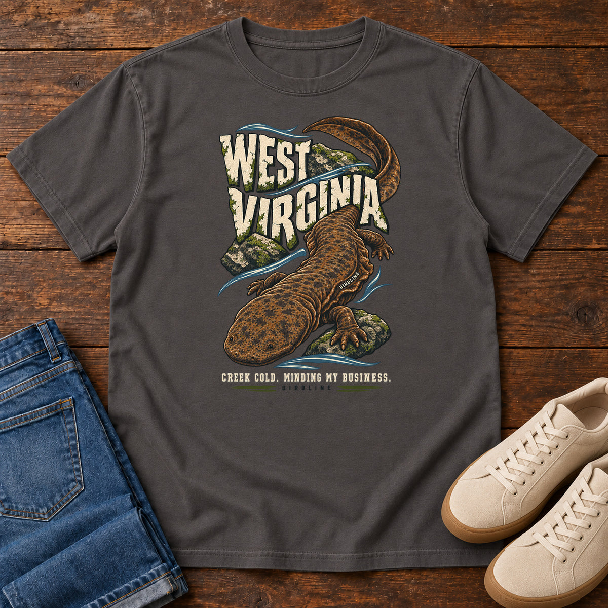 West Virginia Creek Cold Minding My Business Hellbender T-Shirt in Graphite