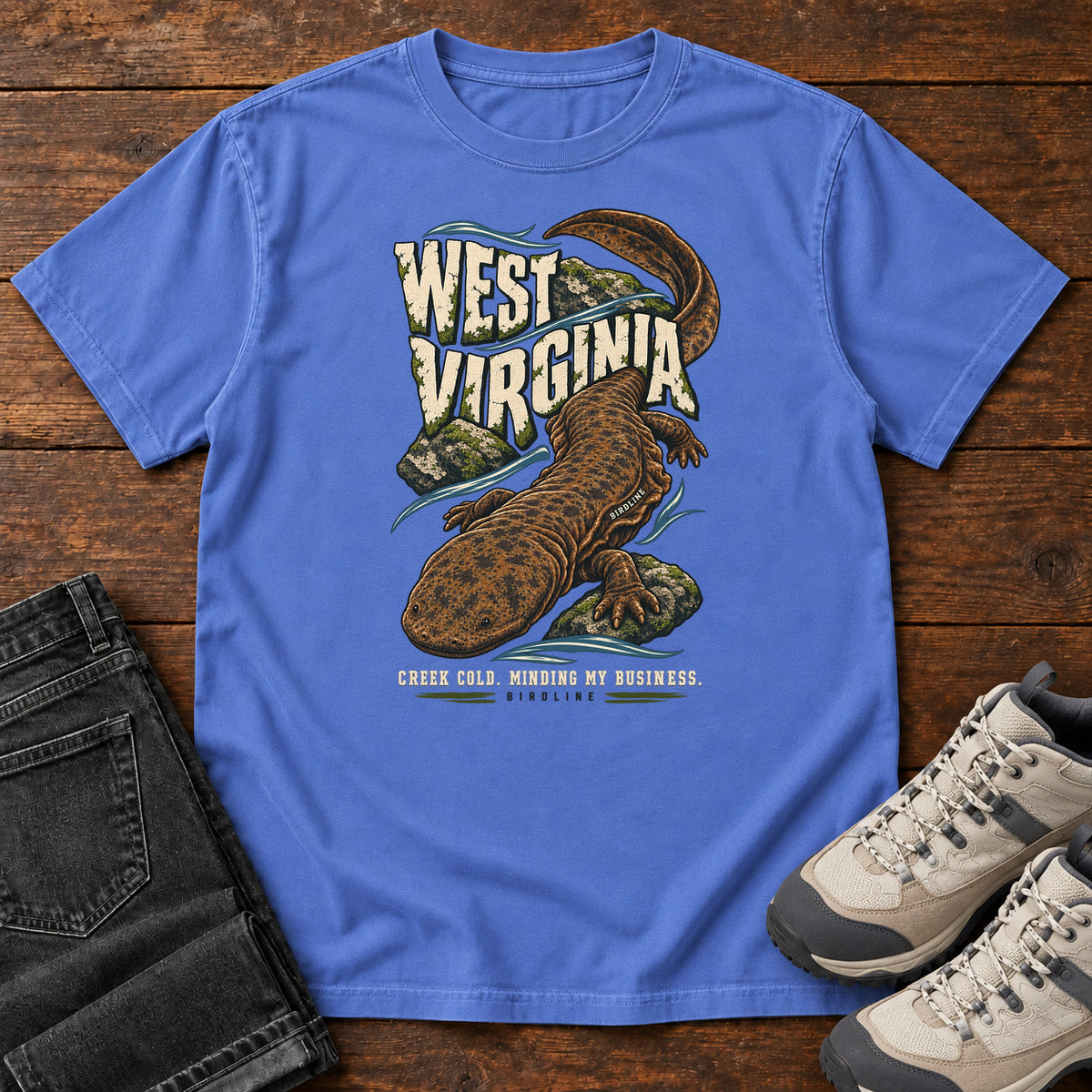 West Virginia Creek Cold Minding My Business Hellbender T-Shirt in Mystic Blue