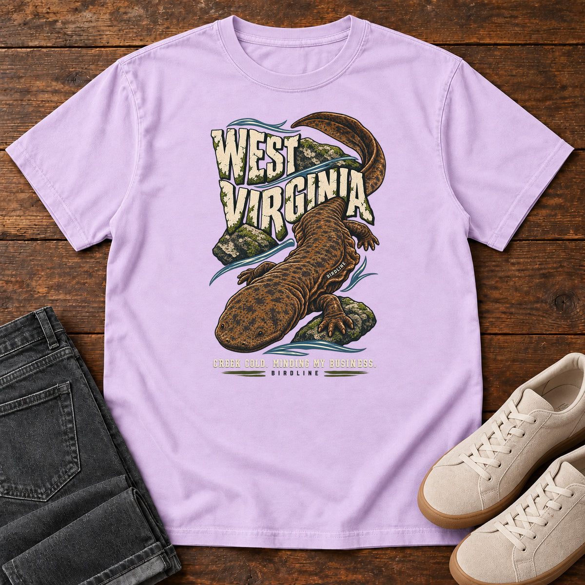West Virginia Creek Cold Minding My Business Hellbender T-Shirt in Orchid