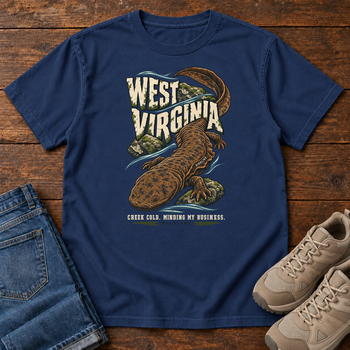 West Virginia Creek Cold Minding My Business Hellbender T-Shirt in True Navy