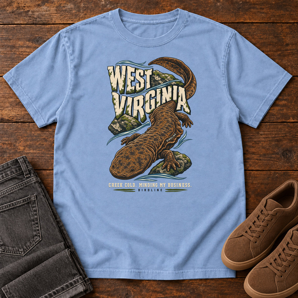 West Virginia Creek Cold Minding My Business Hellbender T-Shirt in Washed Denim