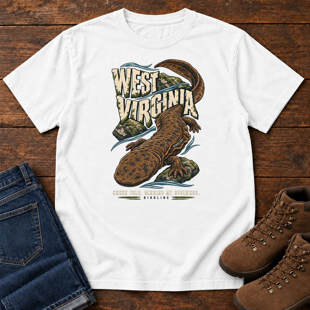 West Virginia Creek Cold Minding My Business Hellbender T-Shirt in White
