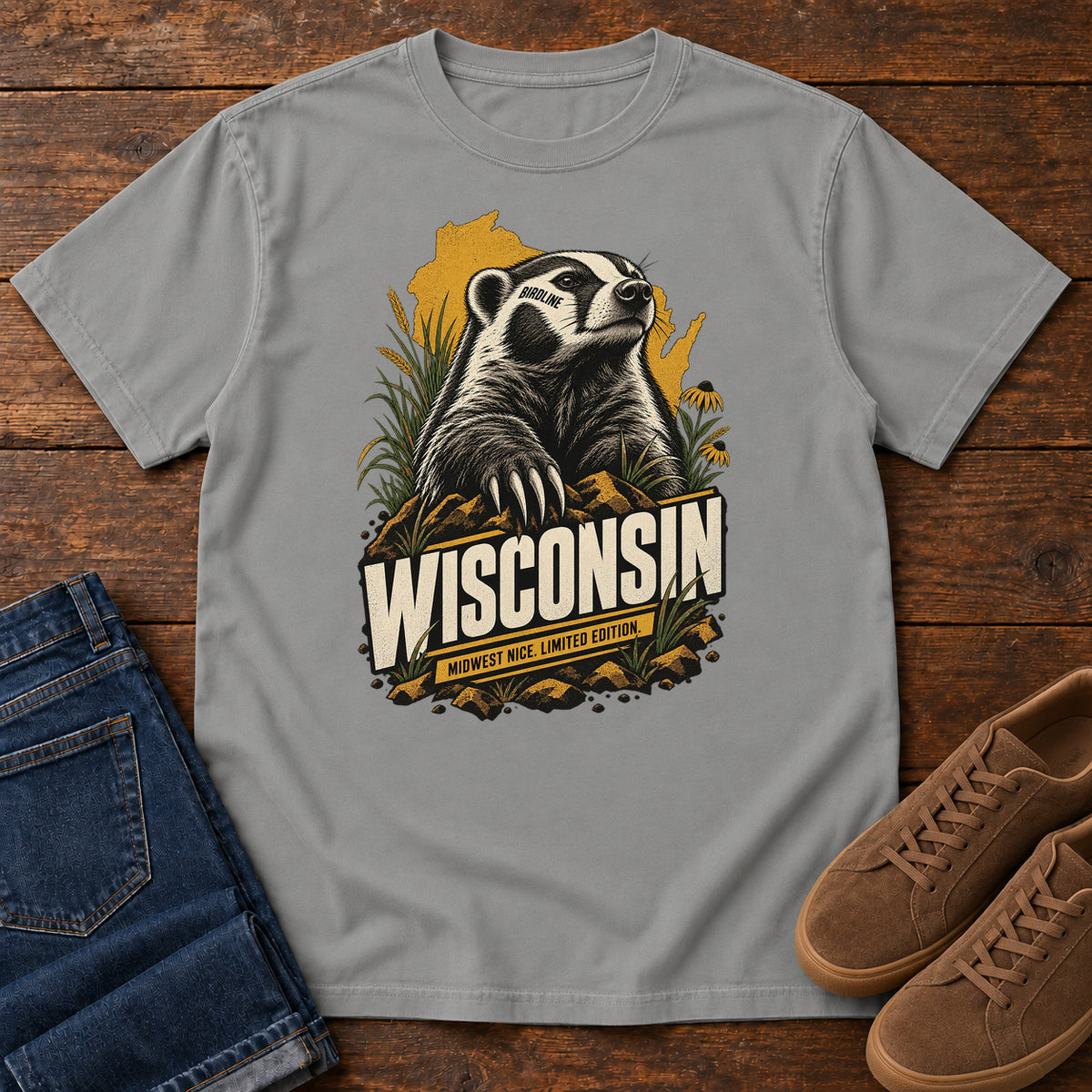 Wisconsin Midwest Nice Limited Edition Badger T-Shirt in Grey