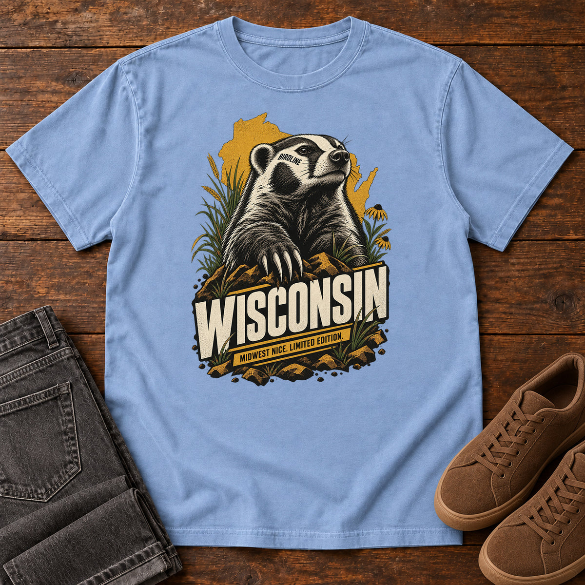 Wisconsin Midwest Nice Limited Edition Badger T-Shirt in Washed Denim