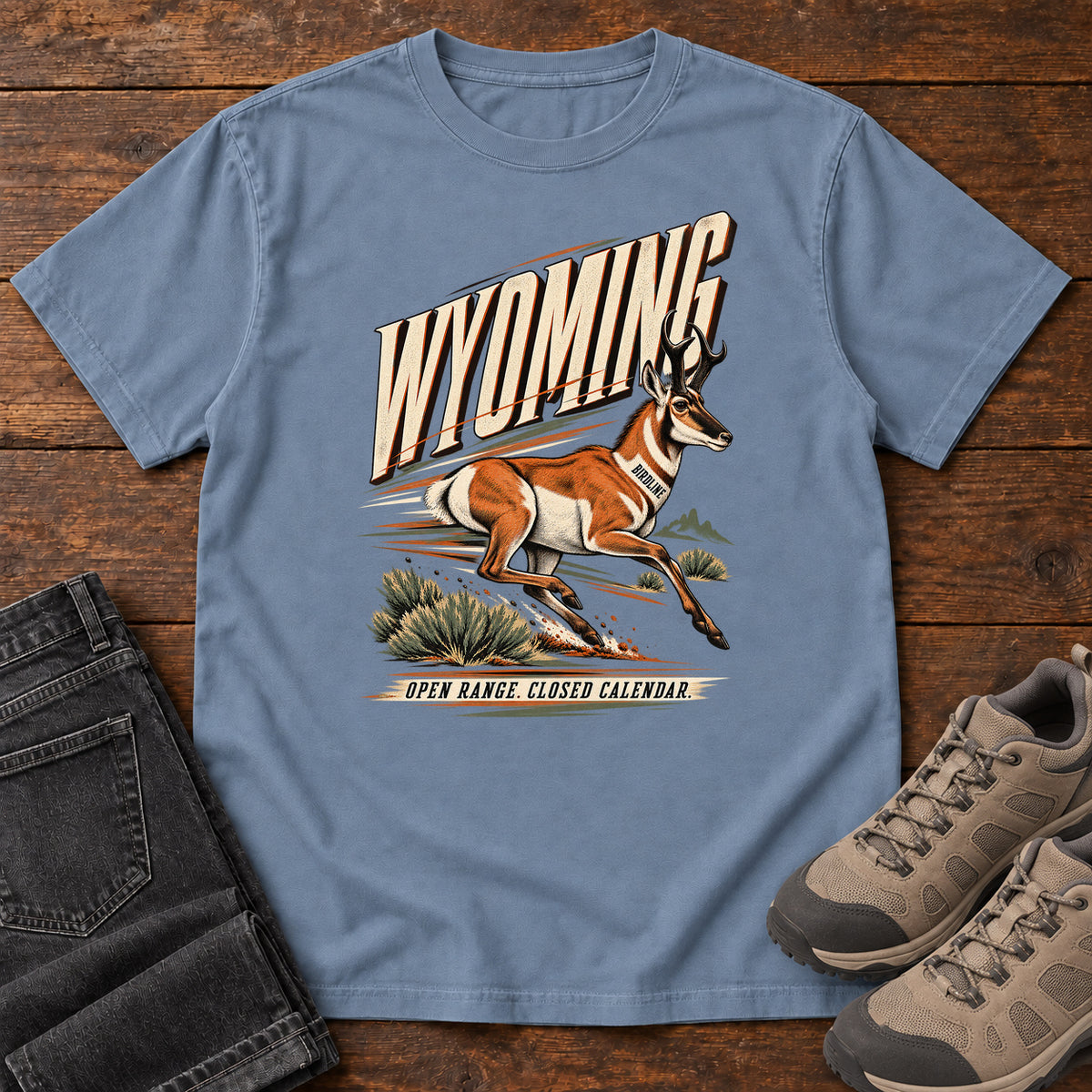 Wyoming Open Range Closed Calendar Pronghorn T-Shirt in Blue Jean