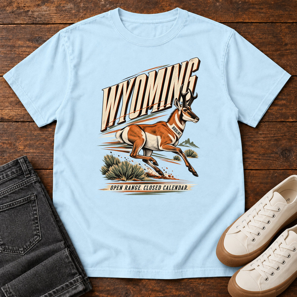 Wyoming Open Range Closed Calendar Pronghorn T-Shirt in Chambray