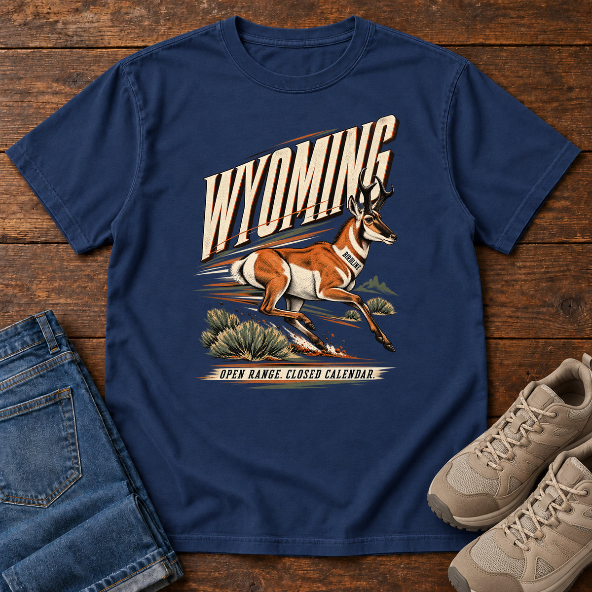 Wyoming Open Range Closed Calendar Pronghorn T-Shirt in True Navy