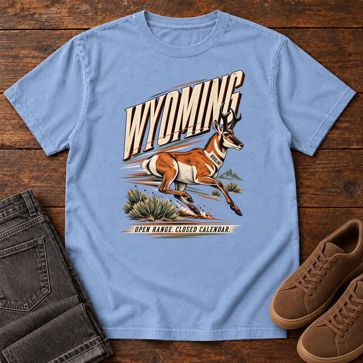 Wyoming Open Range Closed Calendar Pronghorn T-Shirt in Washed Denim