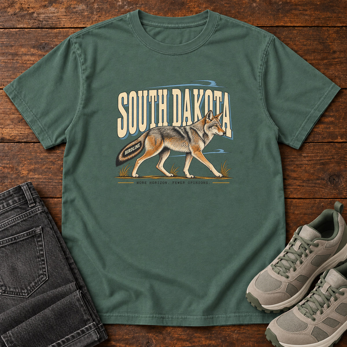 South Dakota More Horizon Fewer Opinions Coyote T-Shirt in Blue Spruce
