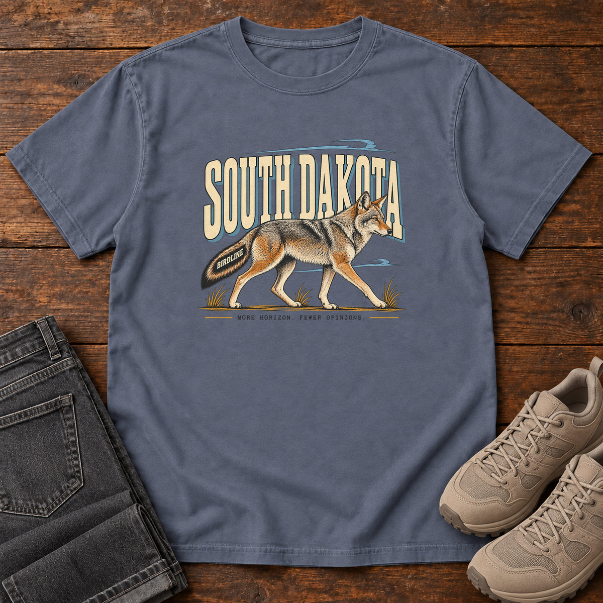 South Dakota More Horizon Fewer Opinions Coyote T-Shirt in Denim
