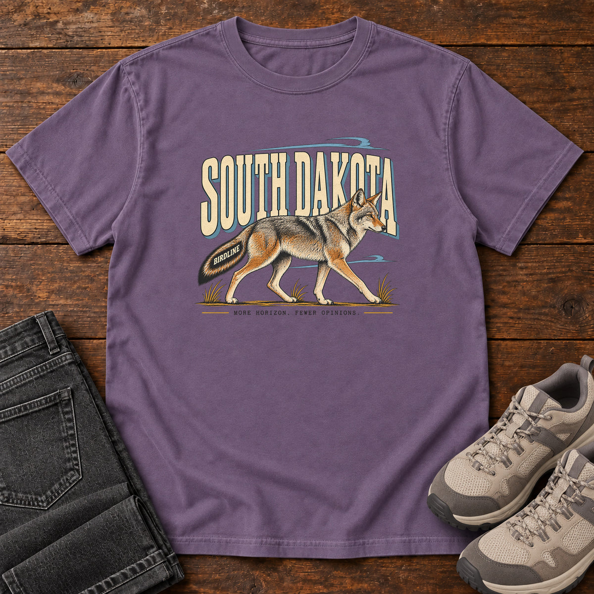 South Dakota More Horizon Fewer Opinions Coyote T-Shirt in Grape