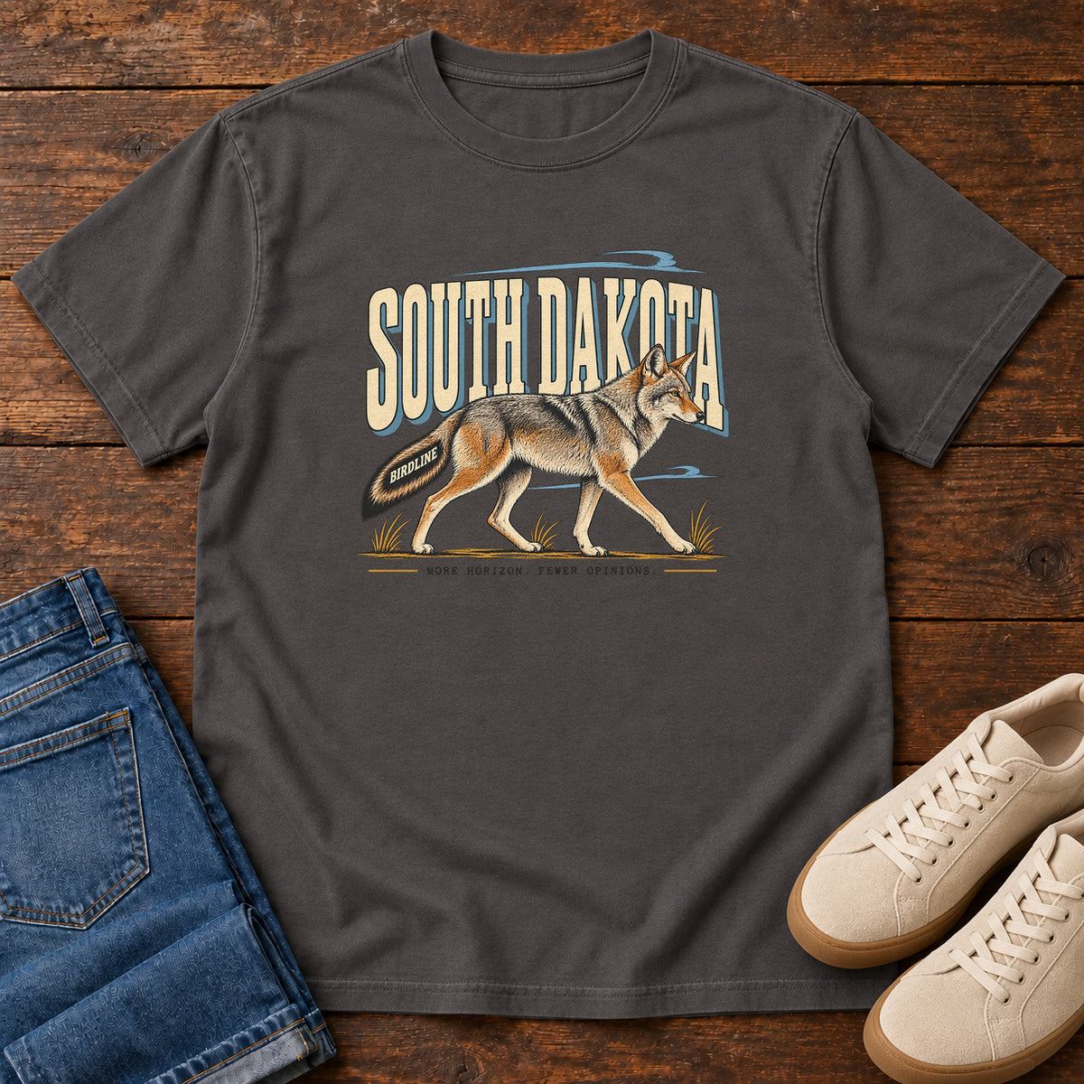 South Dakota More Horizon Fewer Opinions Coyote T-Shirt in Graphite