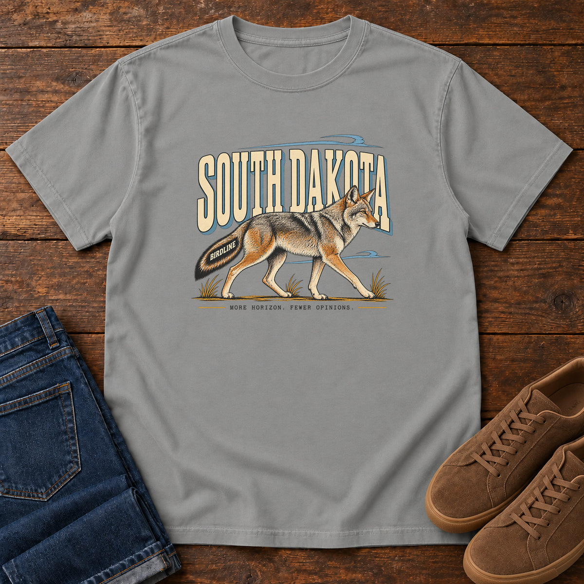 South Dakota More Horizon Fewer Opinions Coyote T-Shirt in Grey